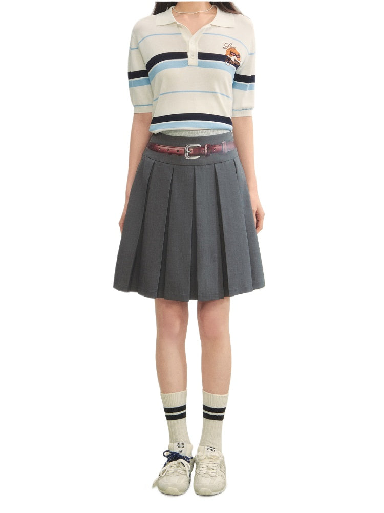 Fake Two-piece Printed Belted Pleated Skirt - CHINASQUAD