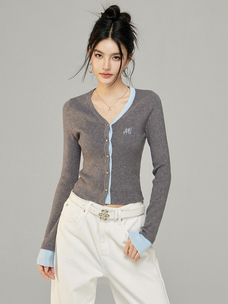 Contrast V-Neck Knit Cardigan - CHINASQUAD