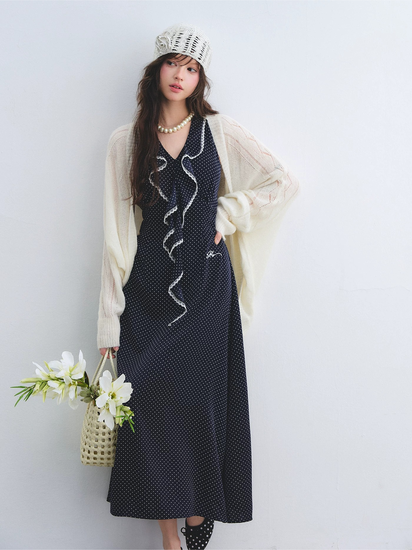 Navy Polka Dot Lace Ruffle V-Neck Sleeveless Midi Dress