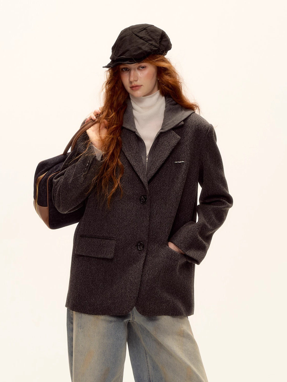 Grey Layered Wool-Blend Hoodie Blazer