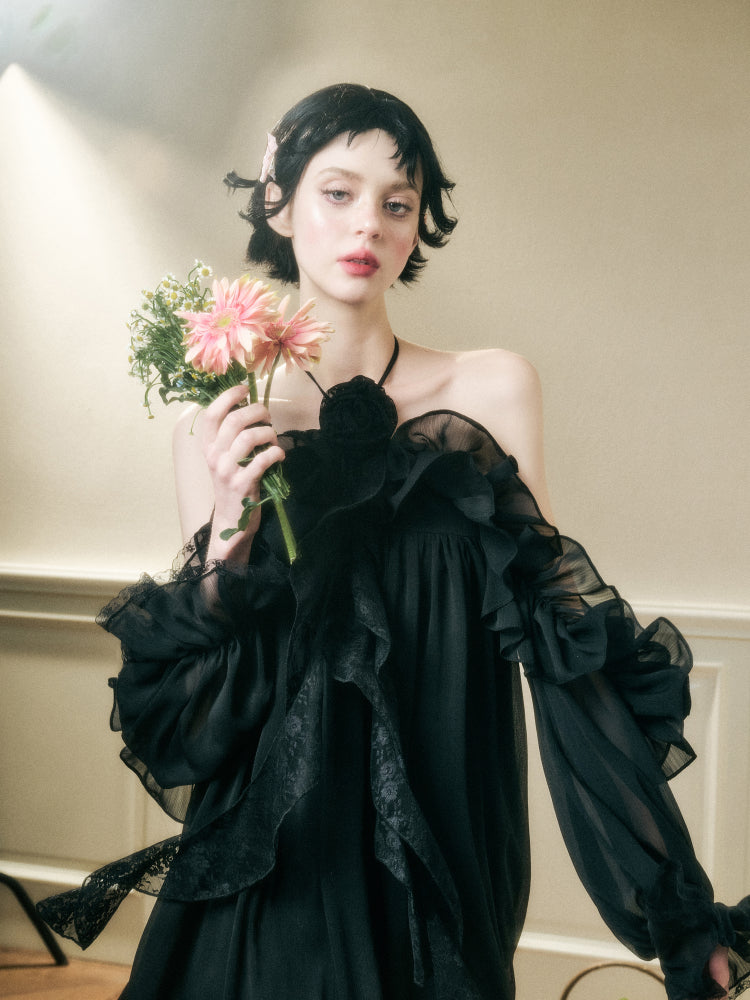 Halter Neck Off-Shoulder Ribbon Dress - CHINASQUAD