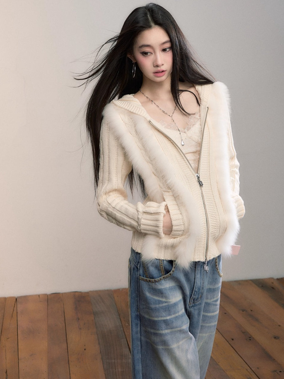 Fox Fur Trim Hooded Knit Cardigan