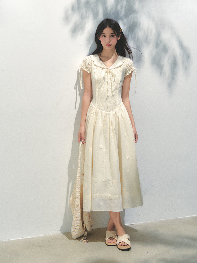 Embroidered Shirt-Collar Tea-Break Dress - CHINASQUAD