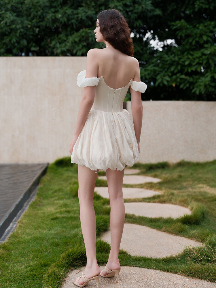 Strapless Waist Cinched Puff Dress - CHINASQUAD