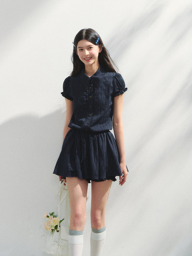 Navy Blue Waist-cinching Dress - CHINASQUAD