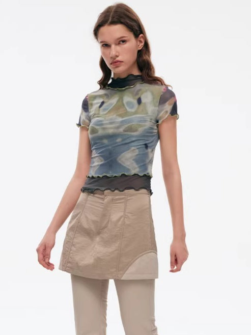 Designer Tie-Dye Sheer Mesh Fitted T-Shirt