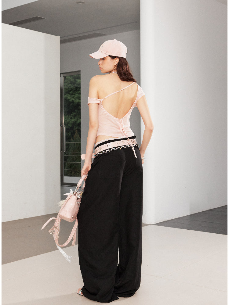 Irregular Ruffle Flower Asymmetric Shoulder Top - CHINASQUAD