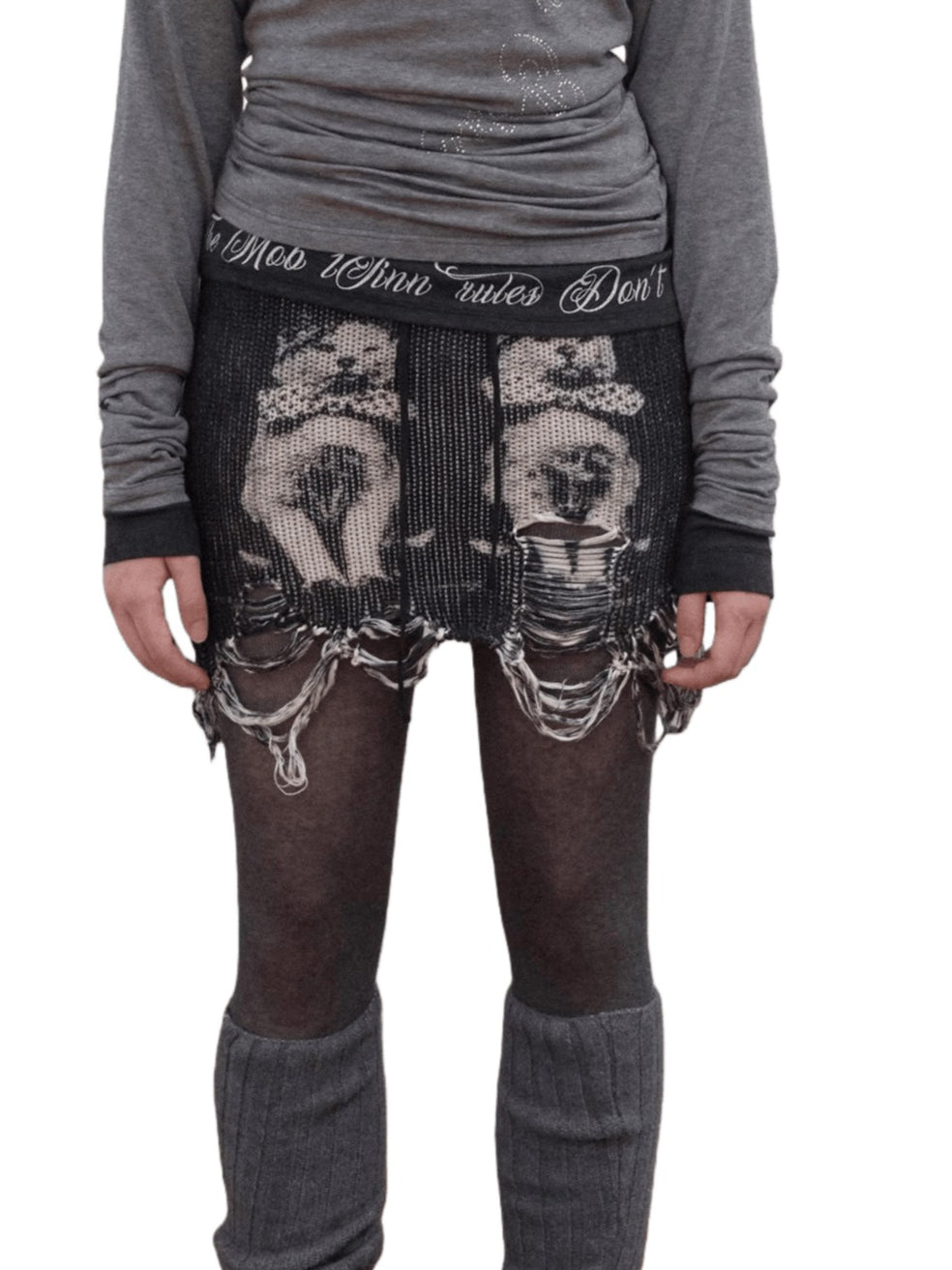 Cat Print Distressed Knit Mini Skirt