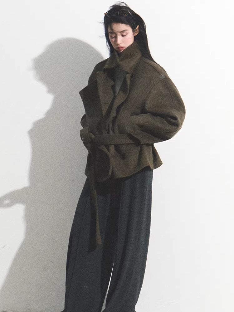 Waist-Defining Silhouette Stand-Collar Wool Coat