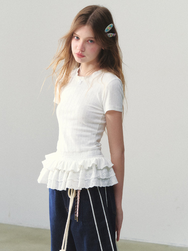 White Lace-hem Short-sleeve T-shirt - CHINASQUAD