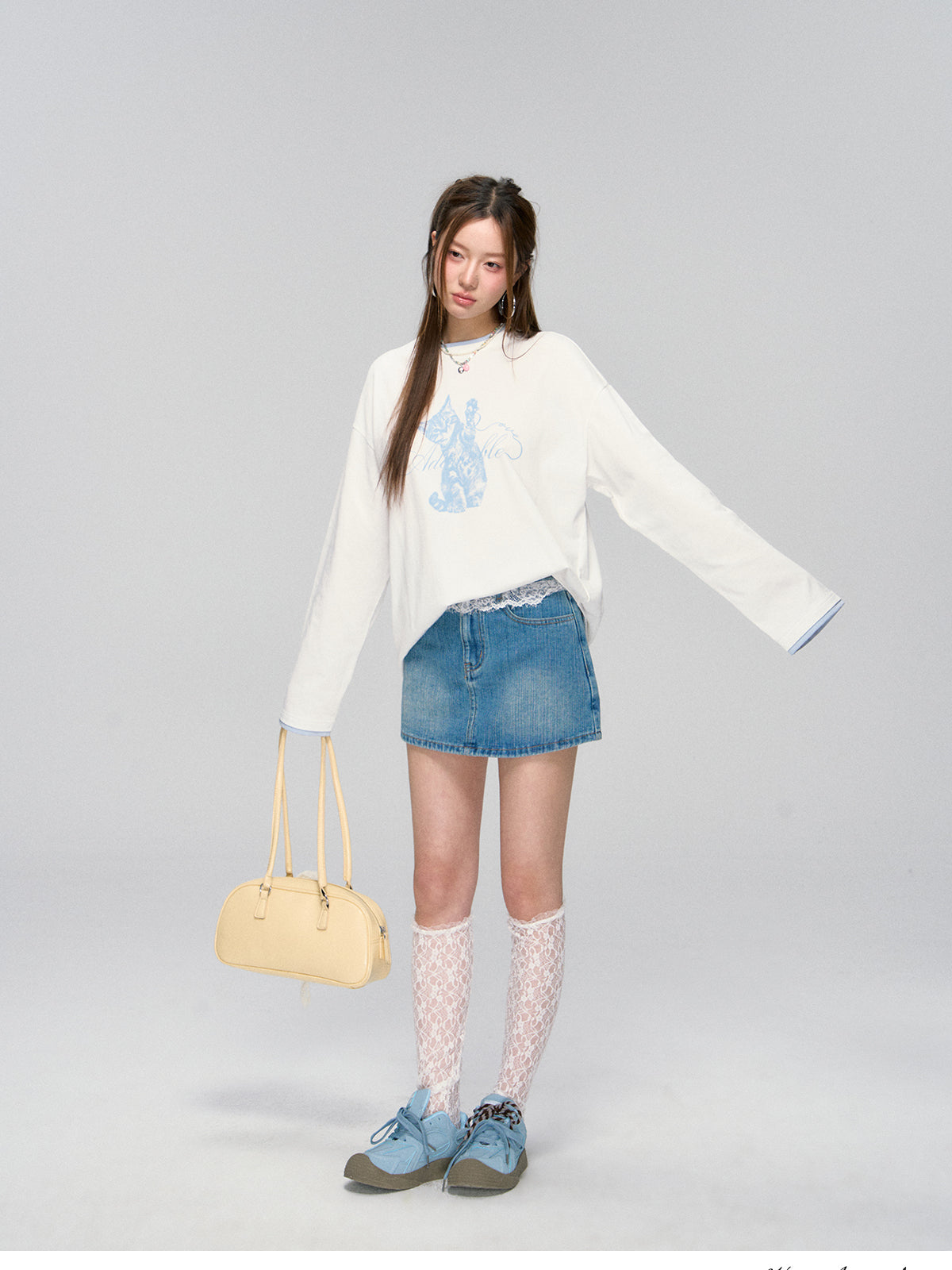 Blue Lace-Trim Denim Skirt - CHINASQUAD