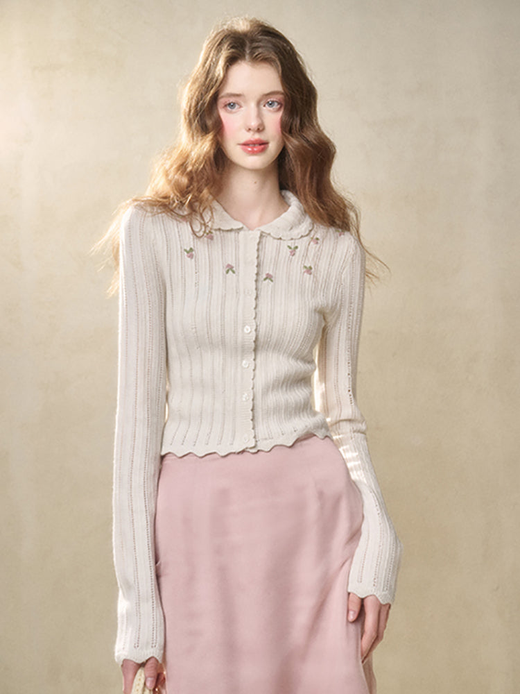 Embroidered Wool Hollow Cardigan & Tank Top Set - CHINASQUAD