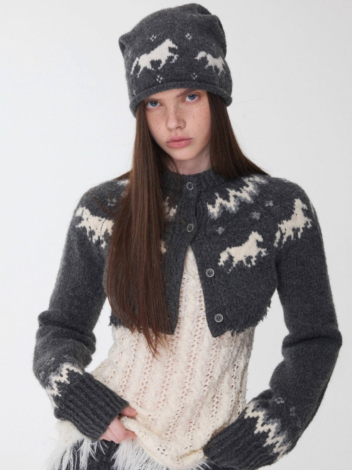 Fair Isle Pony Jacquard Knit Short Cardigan & Shorts Set