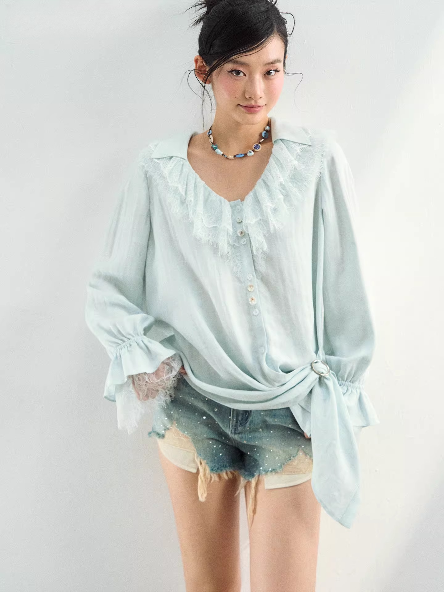 Lace Trim Relaxed Lyocell Blouse
