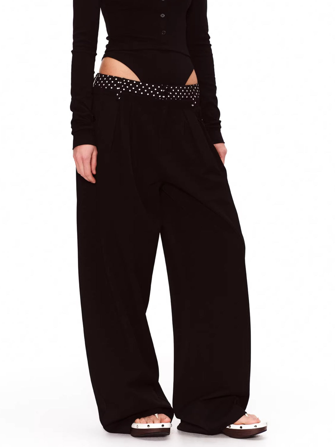 Double-Waist Polka Dot Wide-Leg Trousers
