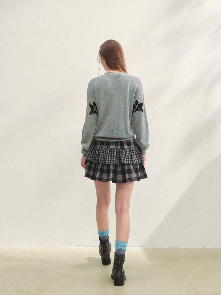 Single-breasted Star Argyle Knit Cardigan - CHINASQUAD