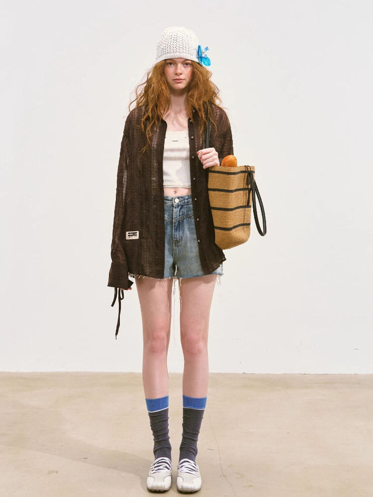 Plaid Sheer Mesh Shirt Jacket - CHINASQUAD