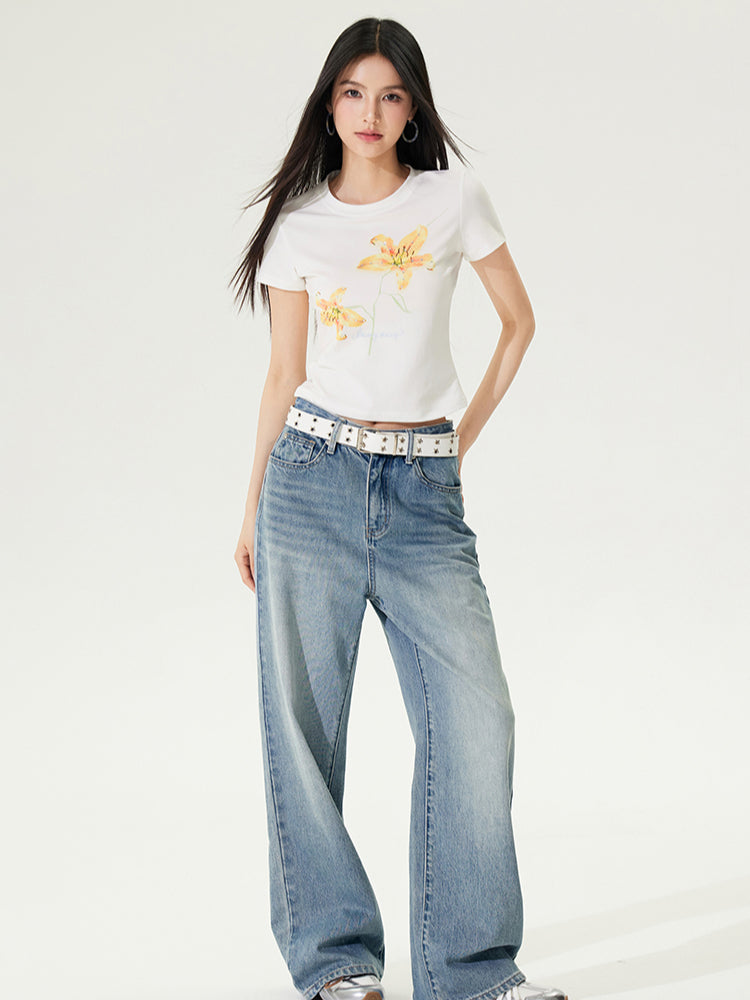 Color Diamond Floral Regular Shoulder T-shirt - CHINASQUAD