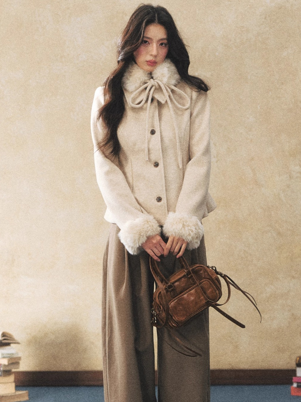 Detachable Fur-Collar Wool-Blend Jacket