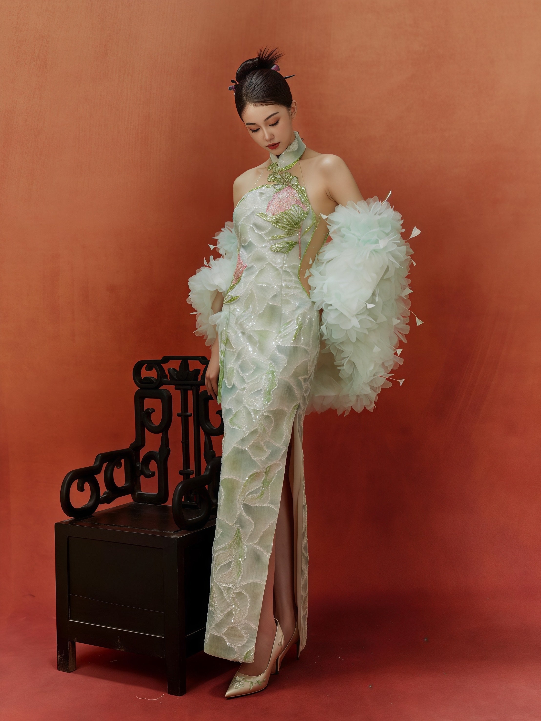 Mint Green Embroidered Halter Cheongsam with Feather Trim Shawl