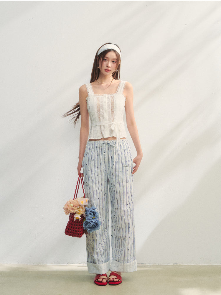 Striped Print Patchwork Embroidery Lace Straight Pants - CHINASQUAD