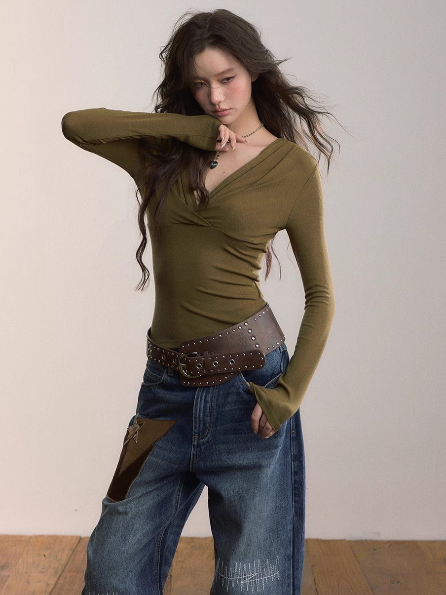 Ruched V-Neck Tencel Slim-Fit Sweater