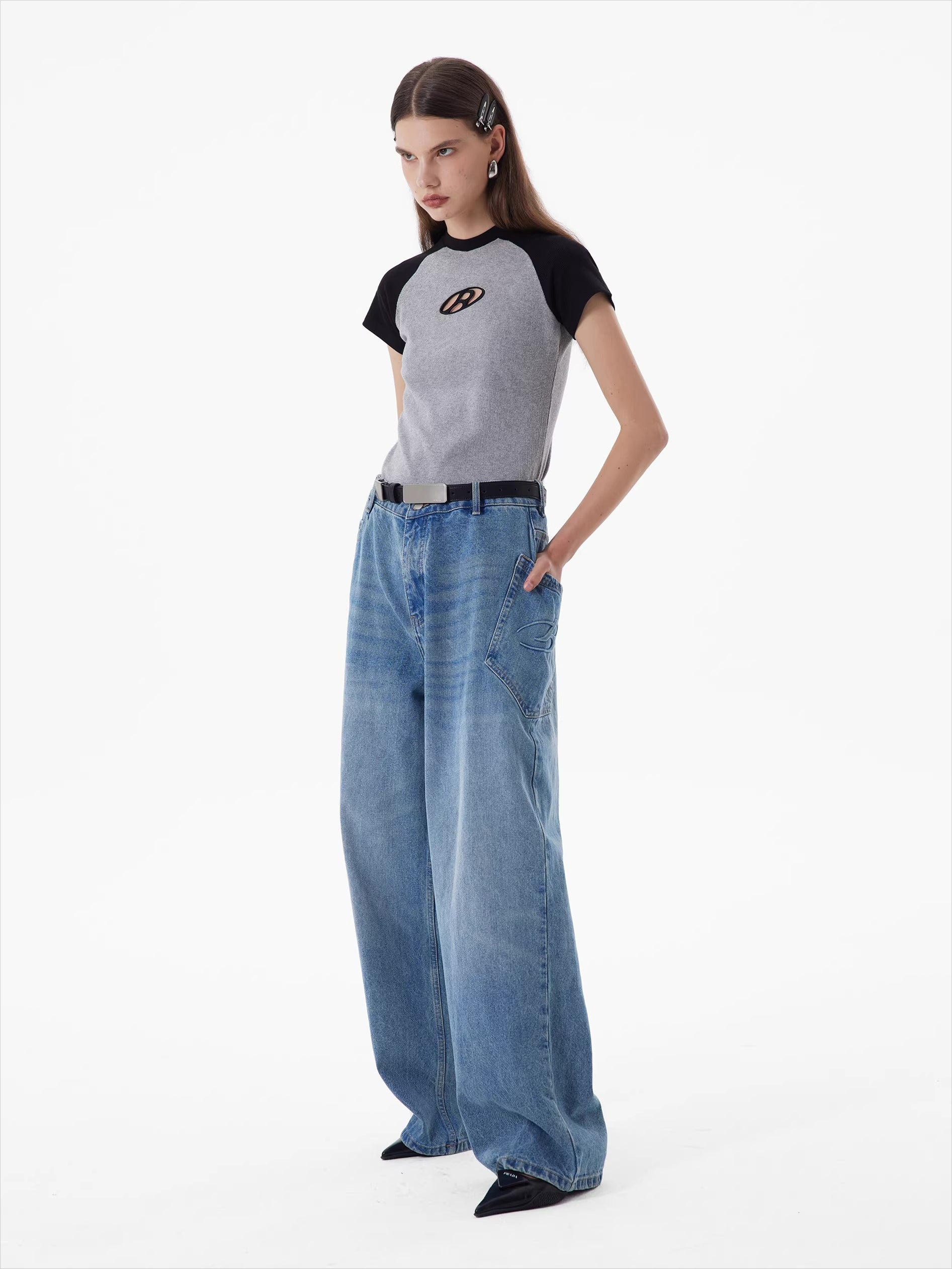 Raglan Sleeve Embroidered Fitted T-Shirt