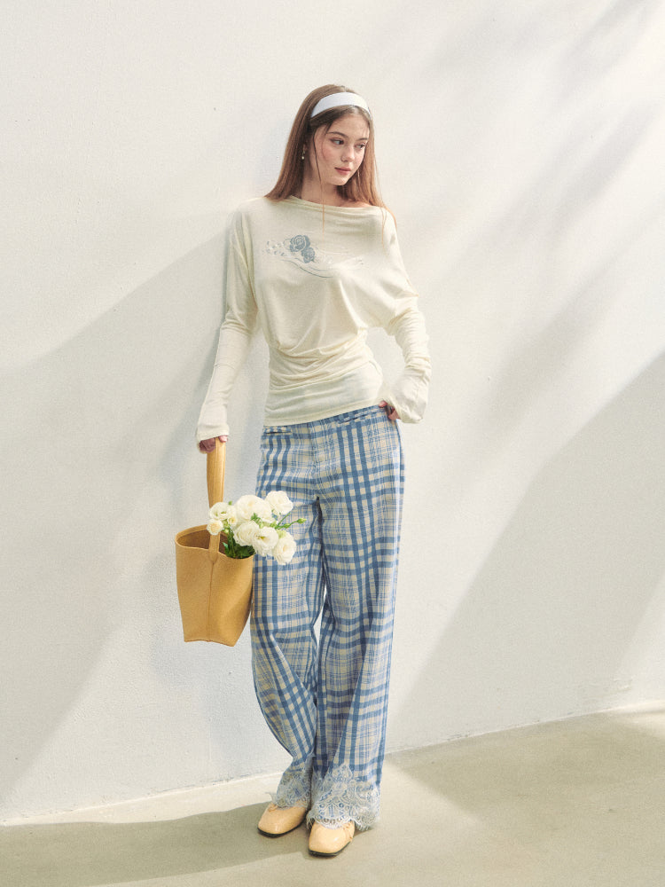 Floral Print Pleated Long-Sleeve T-shirt - CHINASQUAD