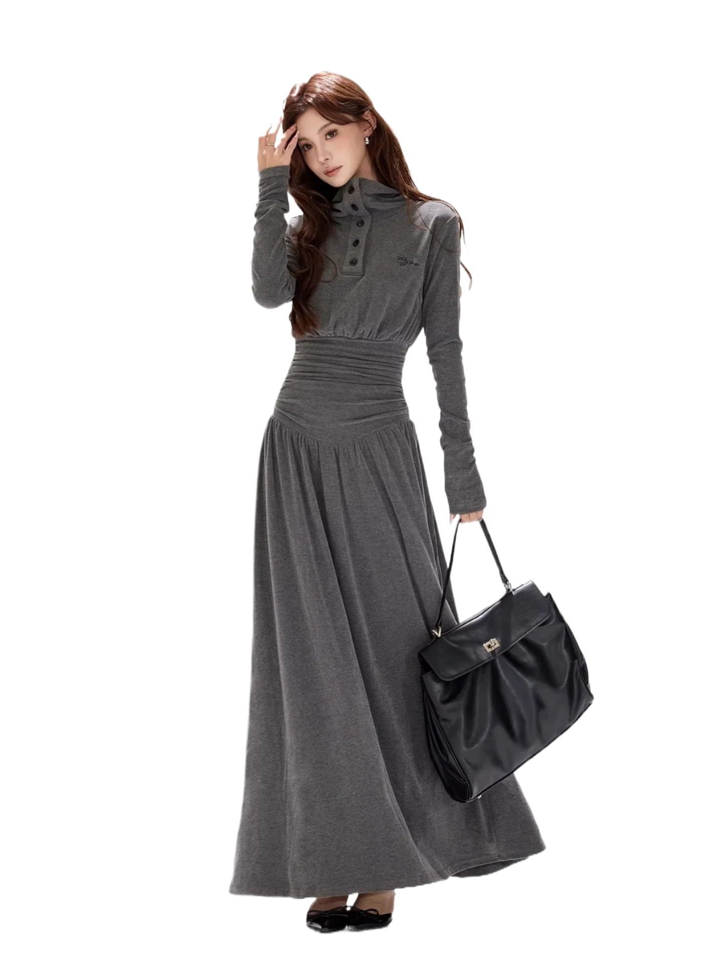 Pleated Waist-Defining A-Line Maxi Dress
