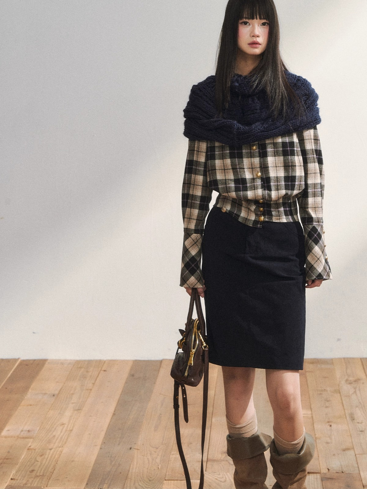 Vintage Plaid Contrast-Panel Fitted Shirt Crewneck