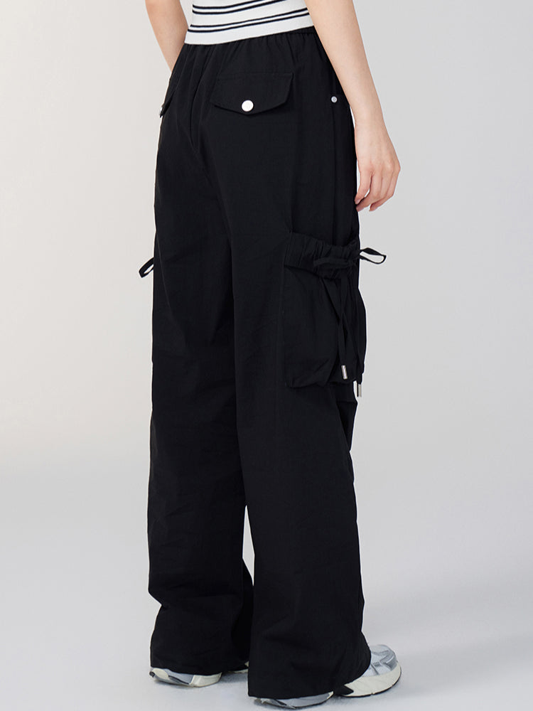 Bowknot Tie Waist Cargo Wide-Leg Pants - CHINASQUAD