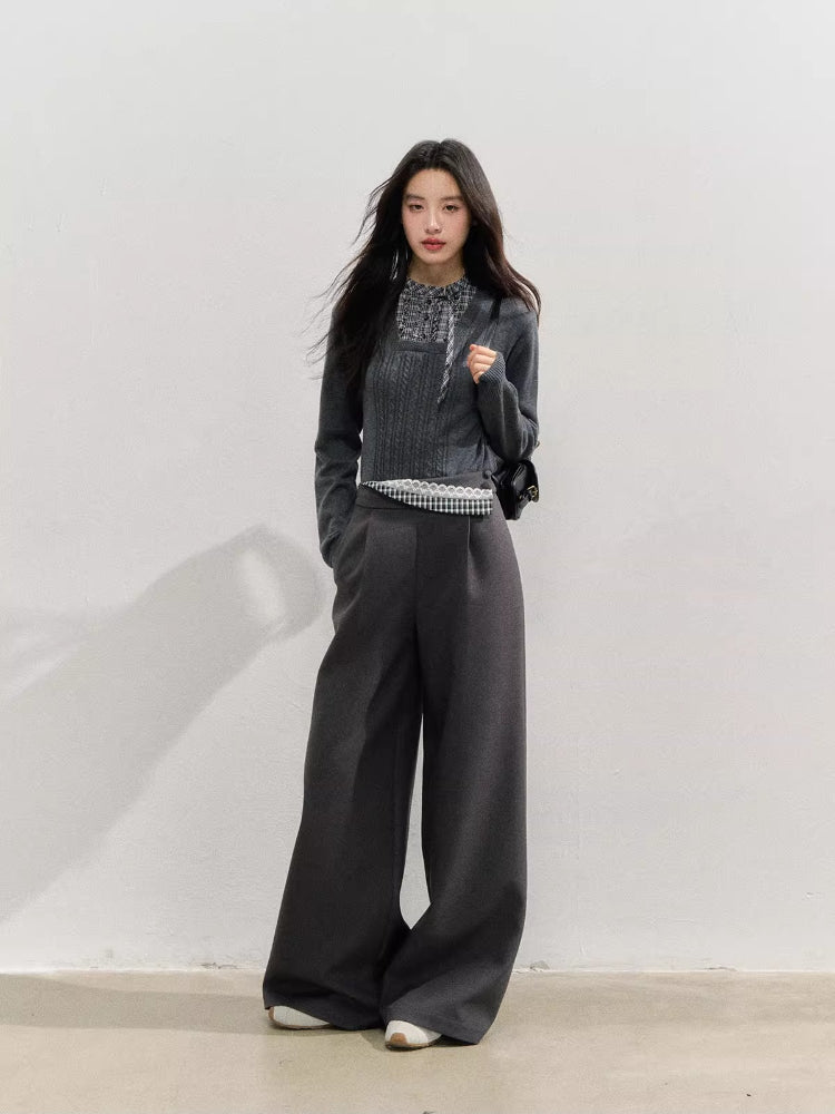 Plaid Panel Fold-Over Waist Straight Pants