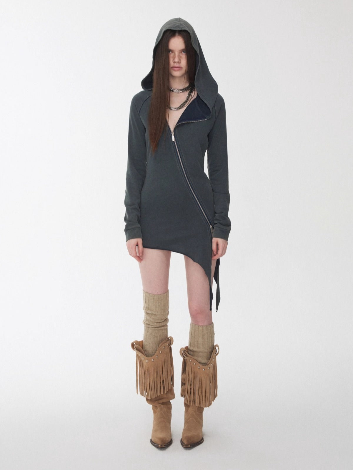 Washed Rhinestone Studded Deconstructed Hoodie Dress - CHINASQUAD