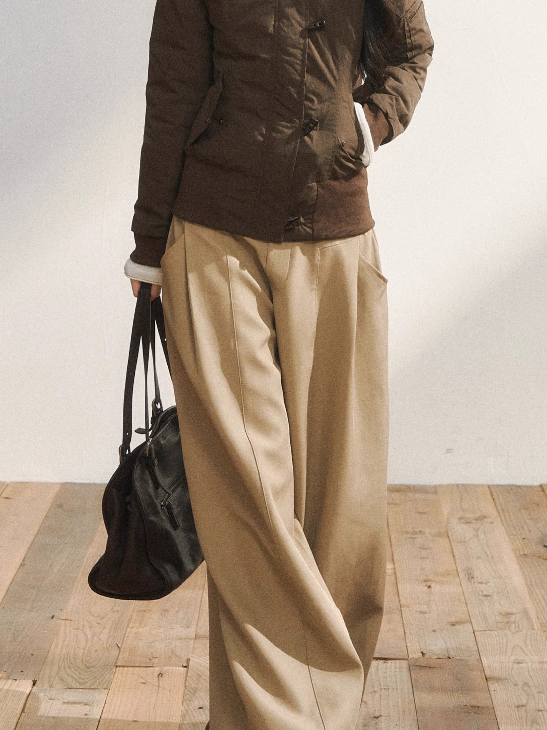Khaki Tailored Low-Waist Wide-Leg Trousers