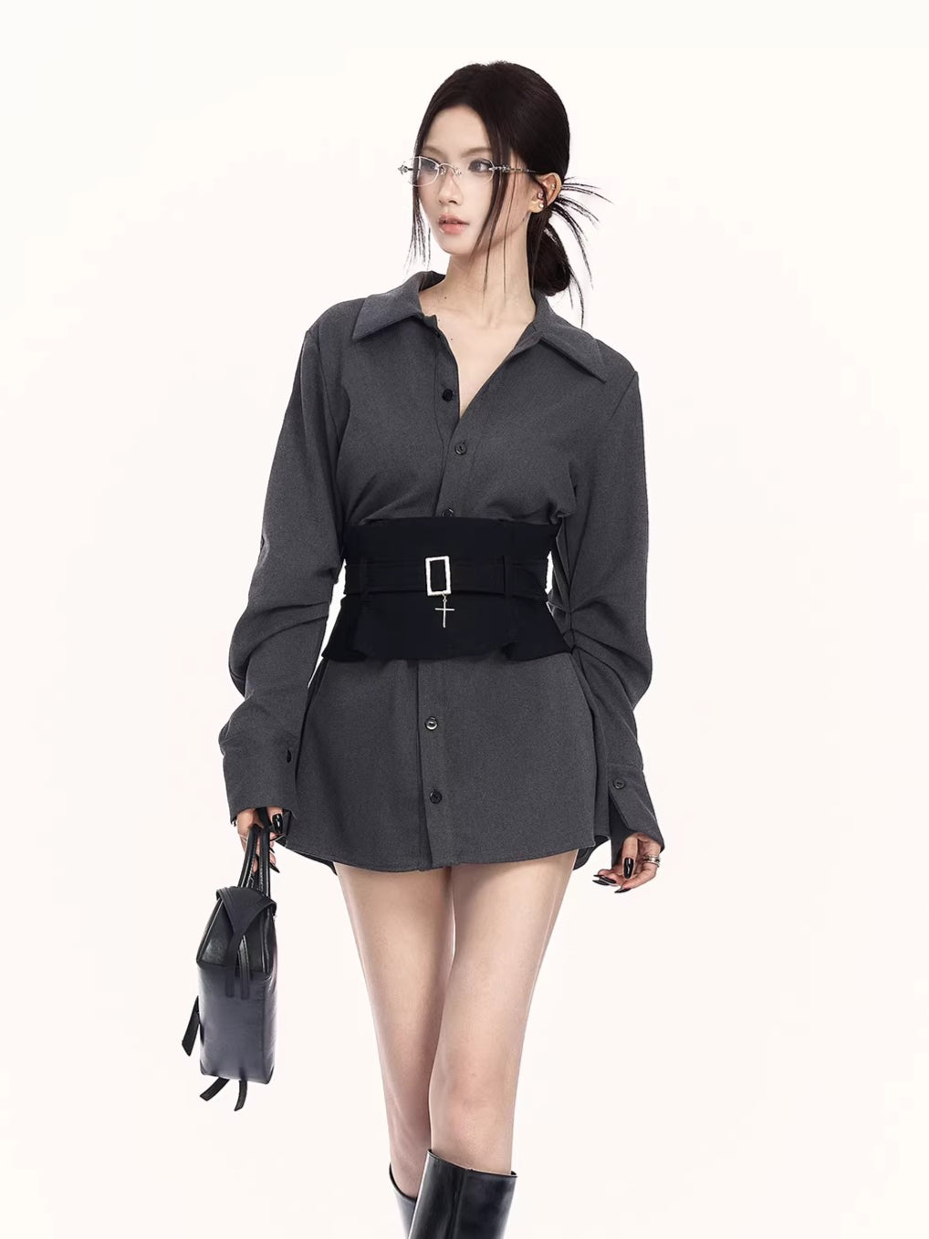 Corset-Waist Shirt Two-Piece Set