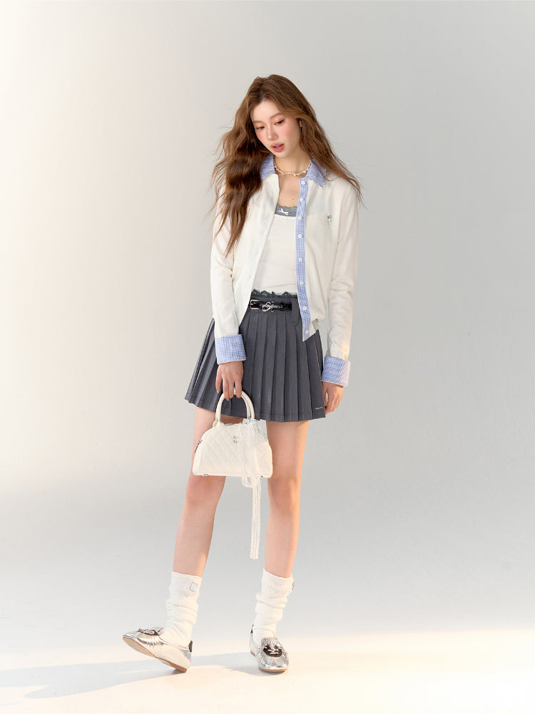 Gray Lace-Trimmed Pleated Suit Skirt - CHINASQUAD