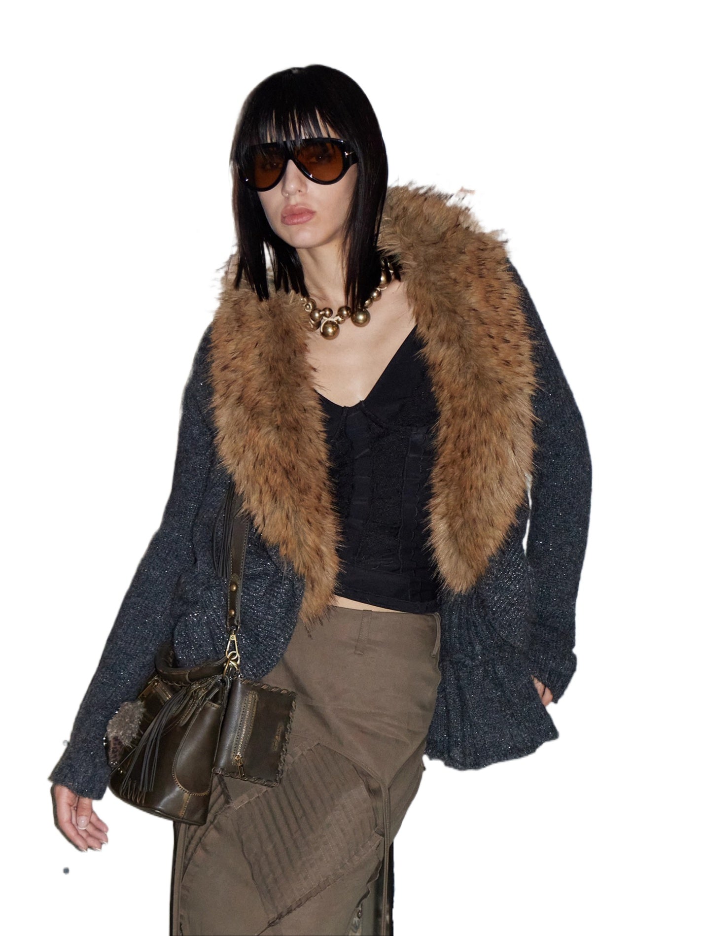 Oversized Wool-Collar Knit Cardigan Coat