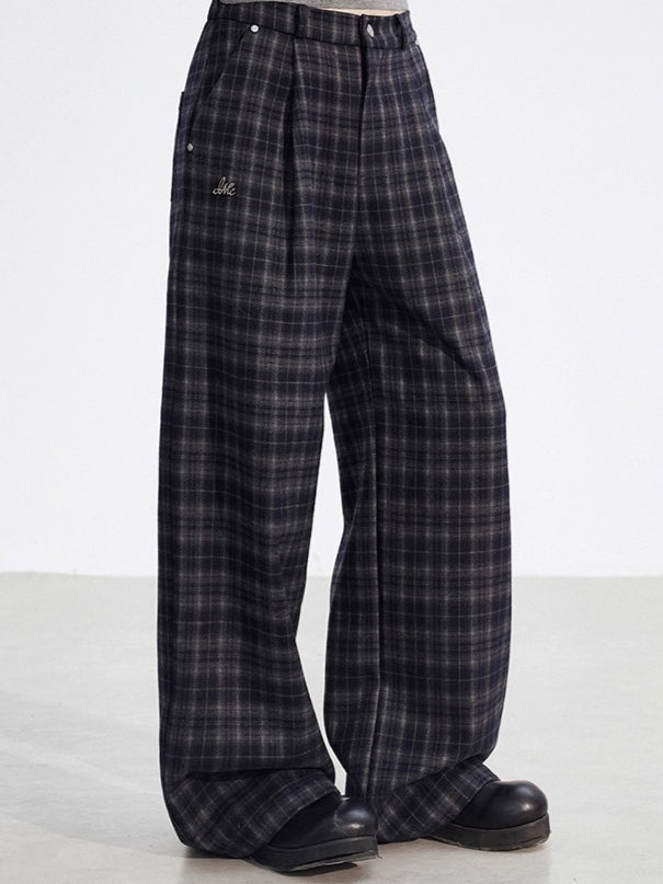 Plaid Fleece-Lined Wide-Leg Trousers