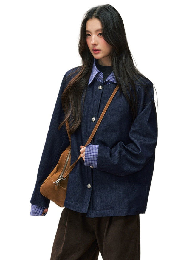 Plaid Contrast Collar Cotton Jacket  - CHINASQUAD