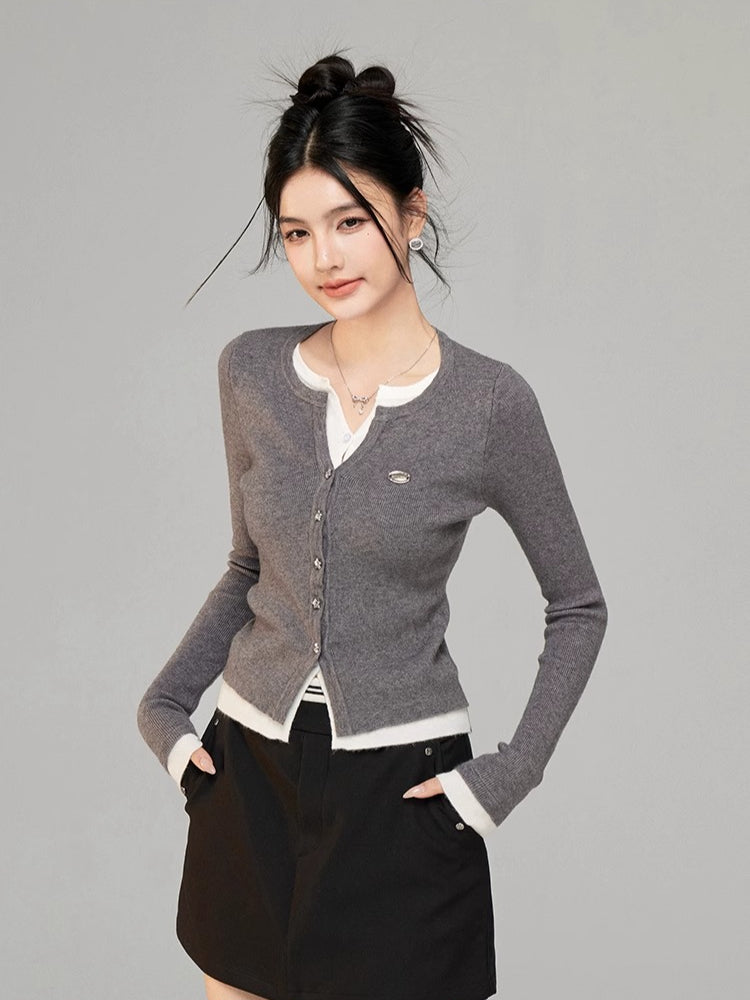 Contrast Layered Knit Cardigan - CHINASQUAD