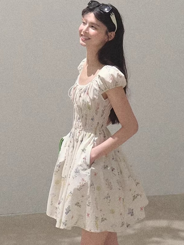 Botanical Graffiti Cotton Ruched Tie Dress