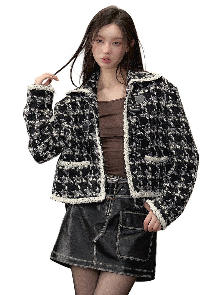 Black Short Plaid Wool Jacket - CHINASQUAD