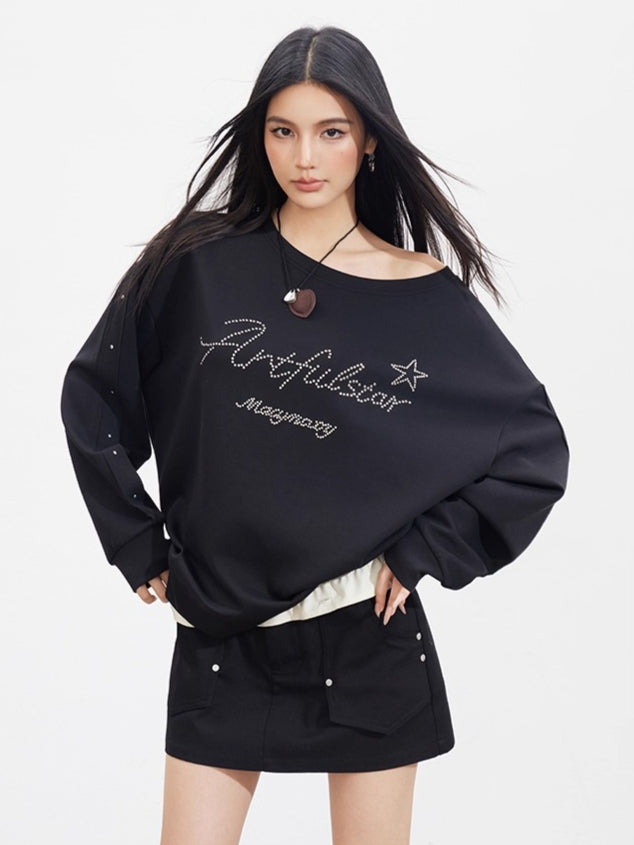 Studded Letter Off-Shoulder Sweatshirt
