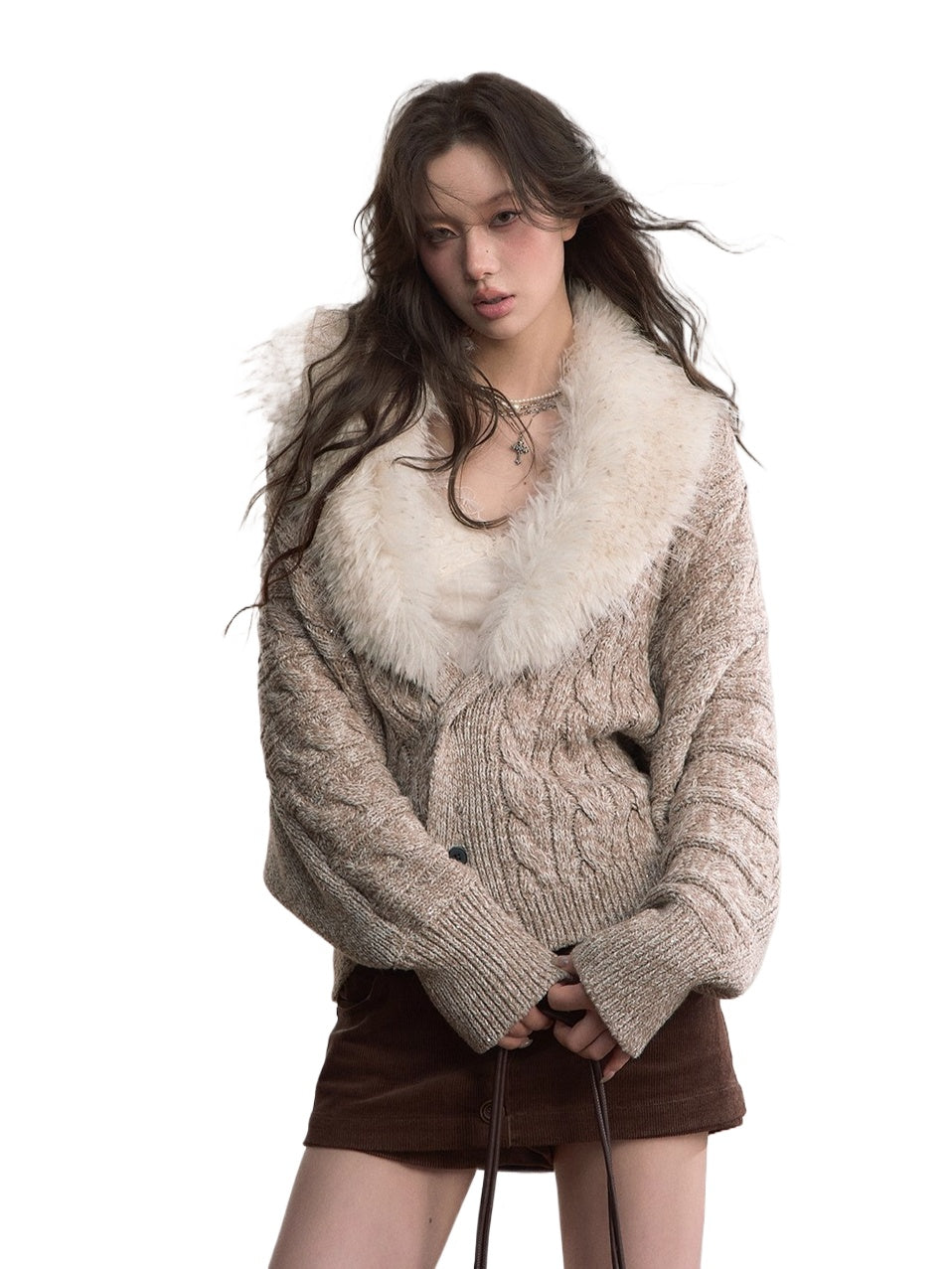 Detachable Faux Fur Collar Knit Cardigan - CHINASQUAD