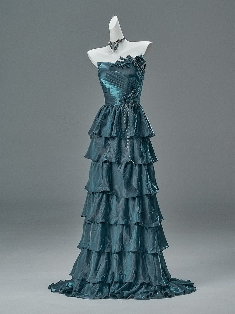 Bengi Midnight Teal Tiered Couture Gown