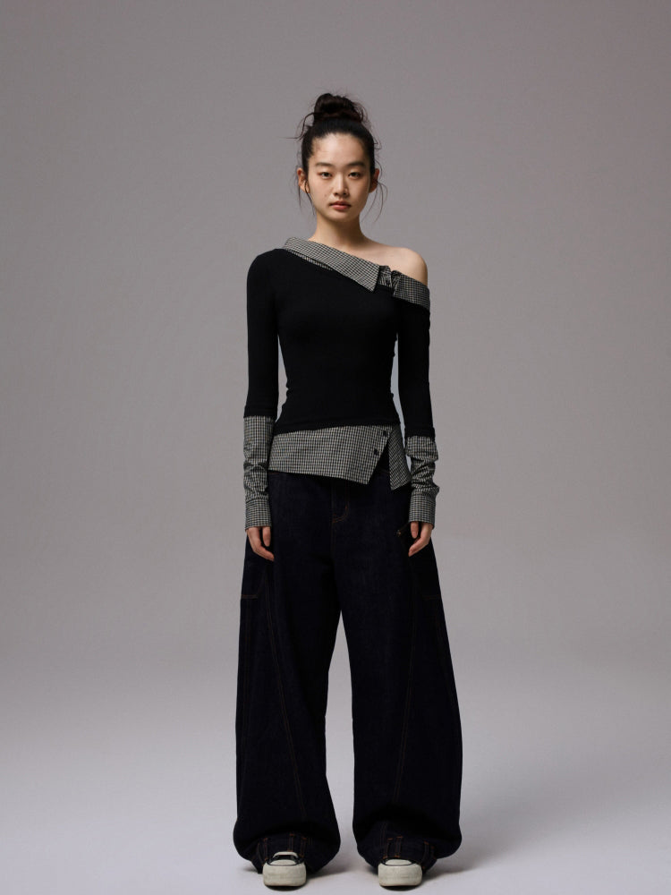 Double Waistband Raw Denim Wide-Leg Jeans - CHINASQUAD