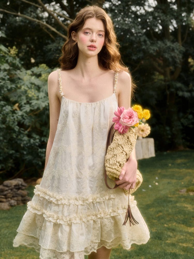 Handcrafted Shell Pleated Lace Strap Dress - CHINASQUAD