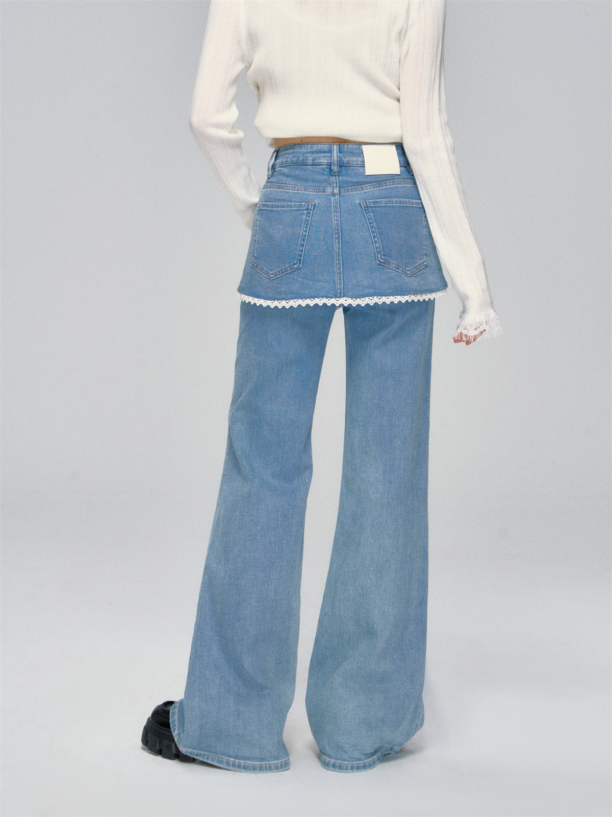 Lace Layered Faux Two-Piece Denim Pants - CHINASQUAD