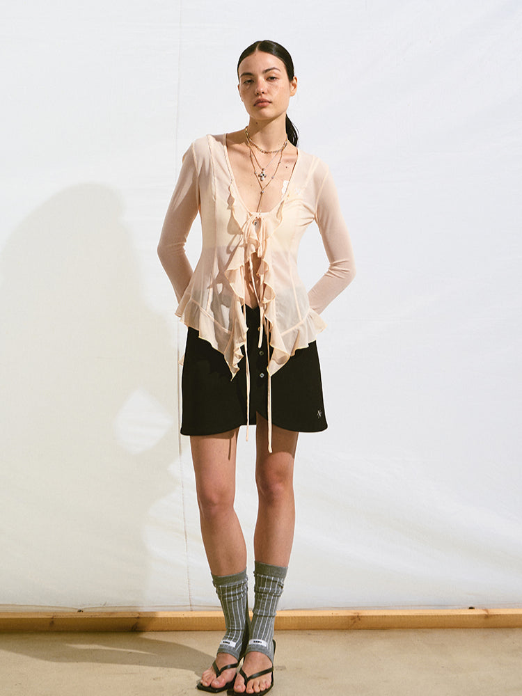 V-Neck Ruffle Mesh Overlay Top - CHINASQUAD