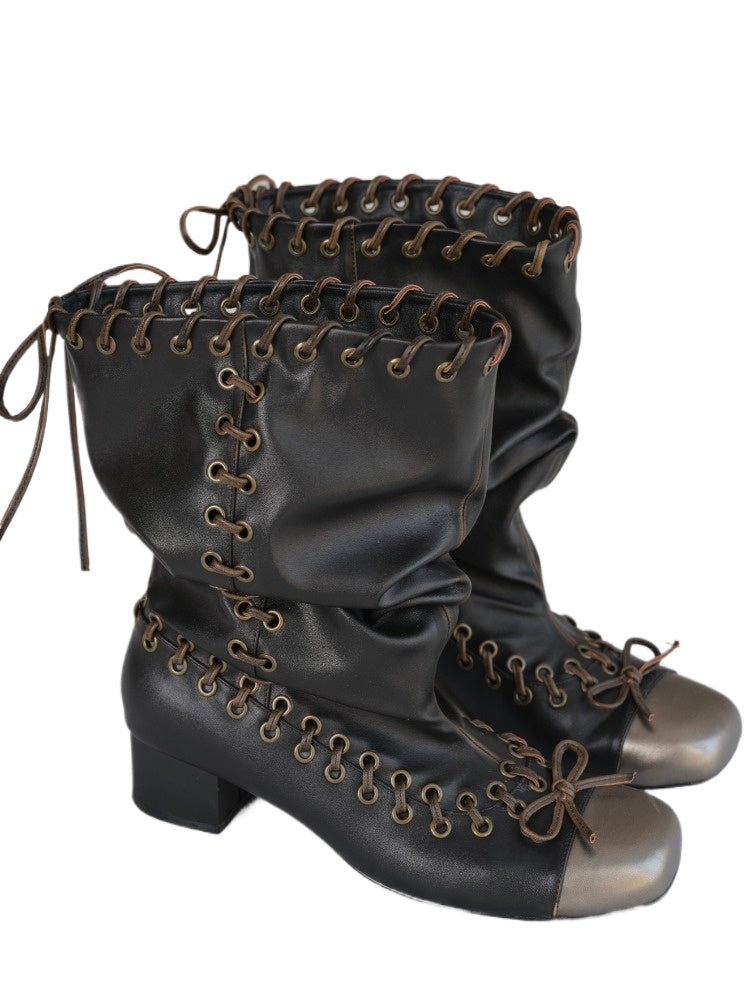 Punk Metal Toe Lace-Up Slouch Boots - CHINASQUAD